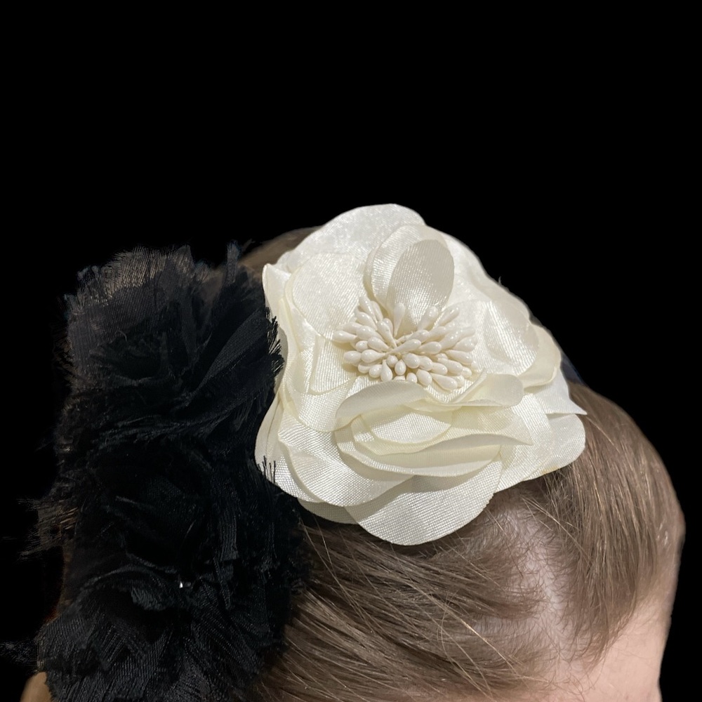 Black and ivory flower oversized floppy flower headband elastic bow fascinator